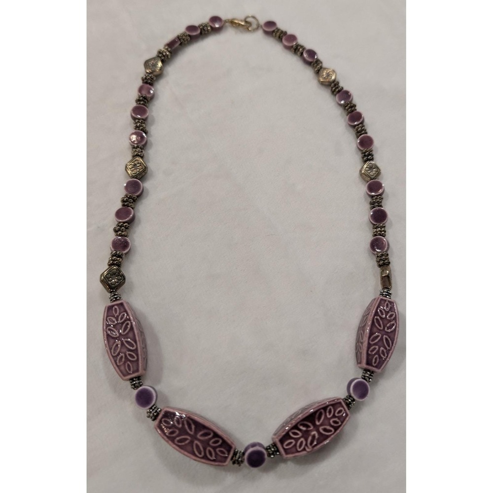 Vintage Artisan Purple Ceramic Beaded Necklace Silver Tone Boho Floral Accents